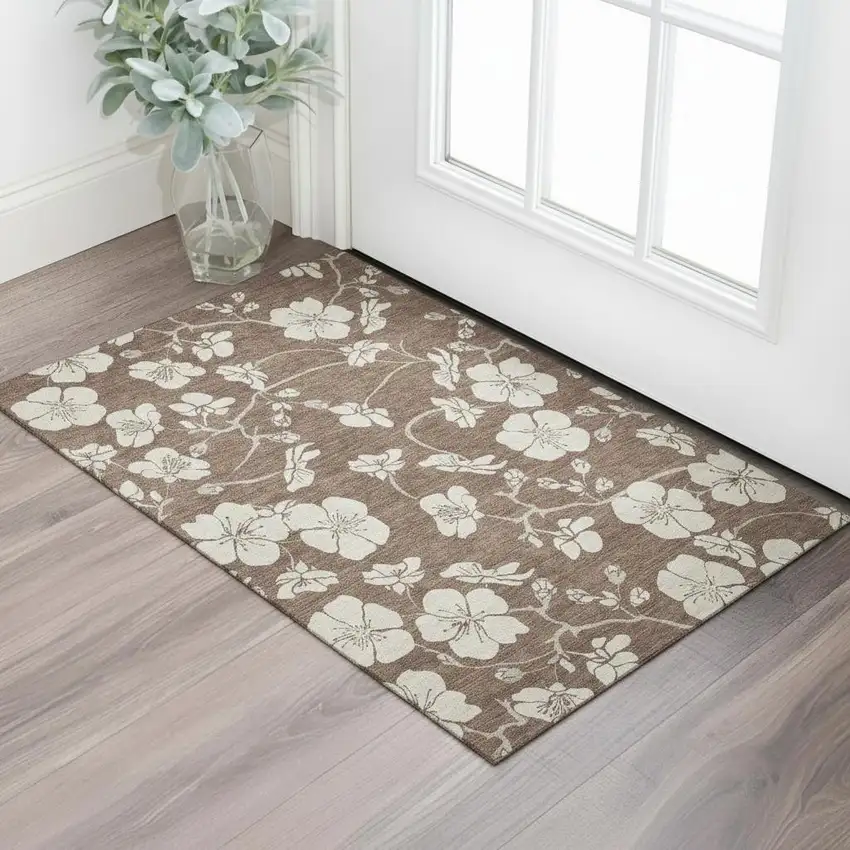 Brown And Beige Floral Washable Area Rug With UV Protection Photo 2
