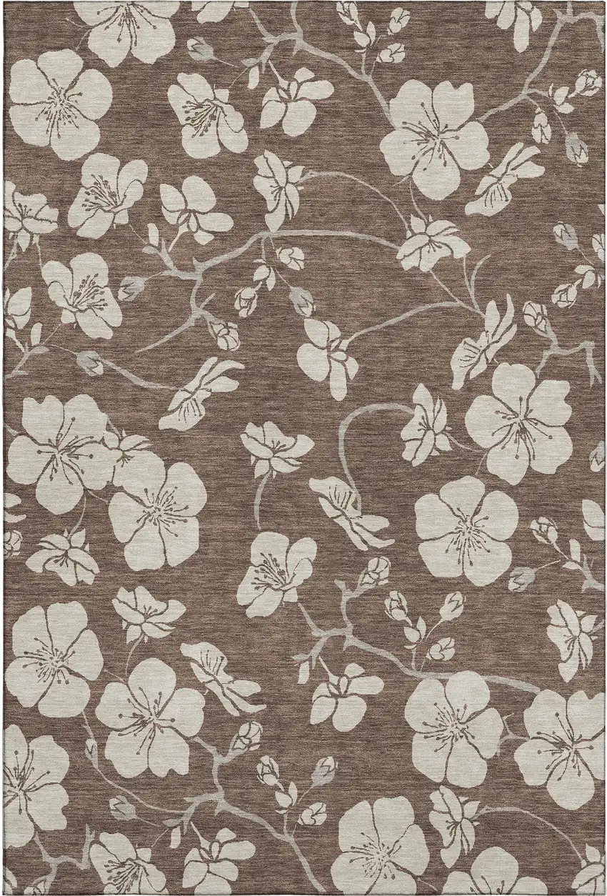 Brown And Beige Floral Washable Area Rug With UV Protection Photo 1