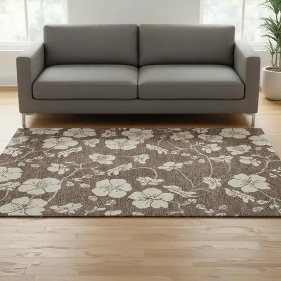 Brown And Beige Floral Washable Area Rug With UV Protection Photo 2