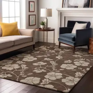 Photo of Brown And Beige Floral Washable Area Rug With UV Protection
