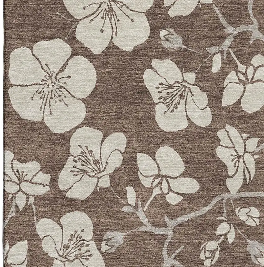 Brown And Beige Floral Washable Area Rug With UV Protection Photo 3