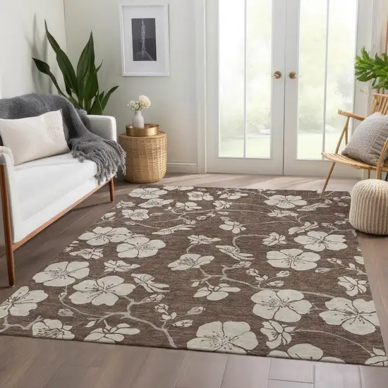 Brown And Beige Floral Washable Area Rug With UV Protection Photo 5