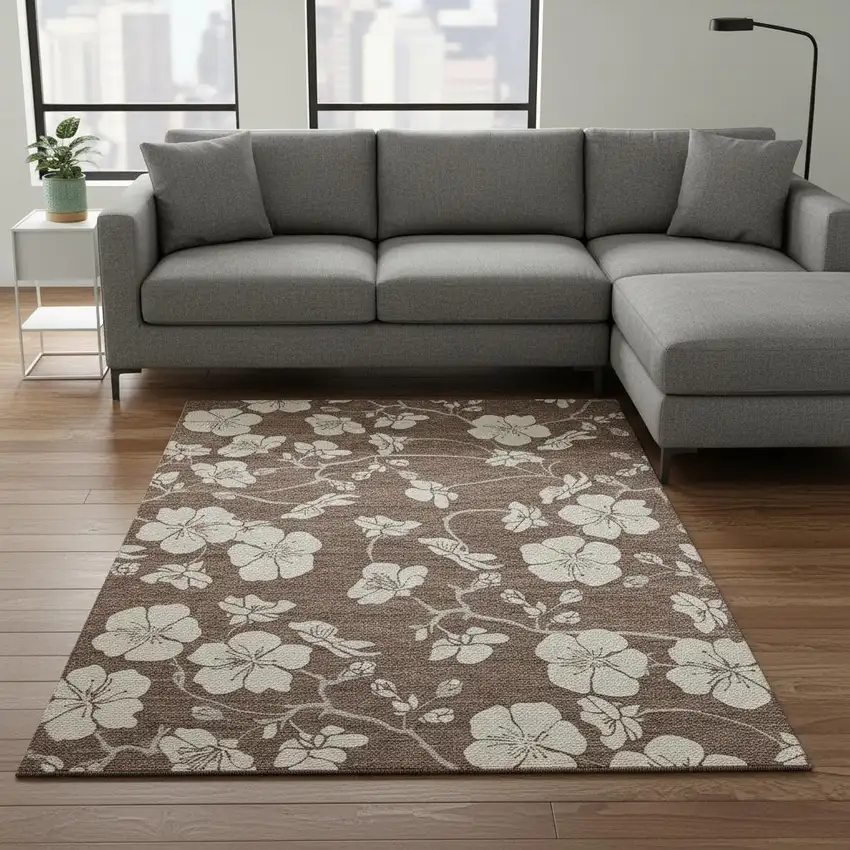 Brown And Beige Floral Washable Area Rug With UV Protection Photo 2