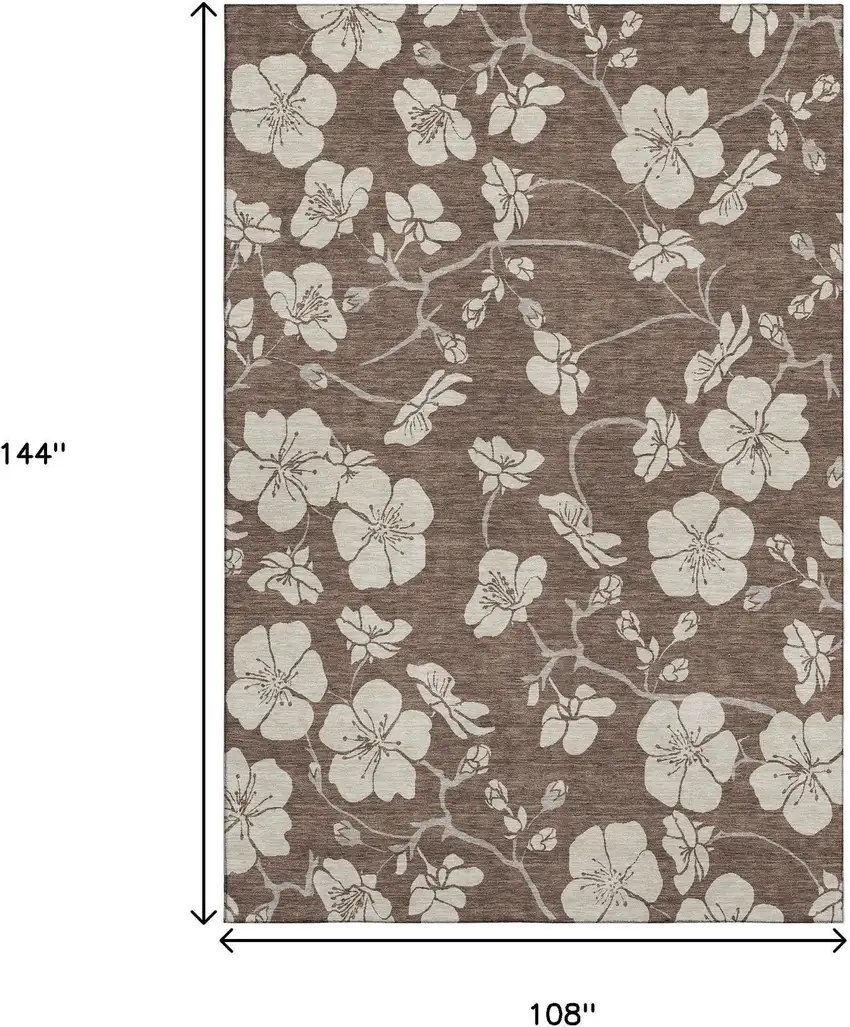 Brown And Beige Floral Washable Area Rug With UV Protection Photo 8