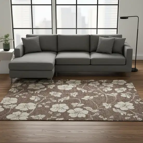 Brown And Beige Floral Washable Area Rug With UV Protection Photo 2