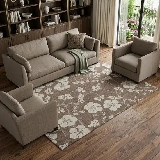 Brown And Beige Floral Washable Area Rug With UV Protection Photo 1