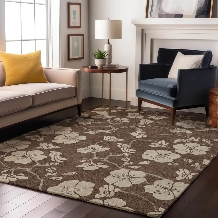 Brown And Beige Floral Washable Area Rug With UV Protection Photo 4