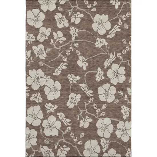 Brown And Beige Floral Washable Area Rug With UV Protection Photo 1