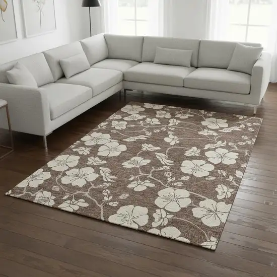 Brown And Beige Floral Washable Area Rug With UV Protection Photo 2
