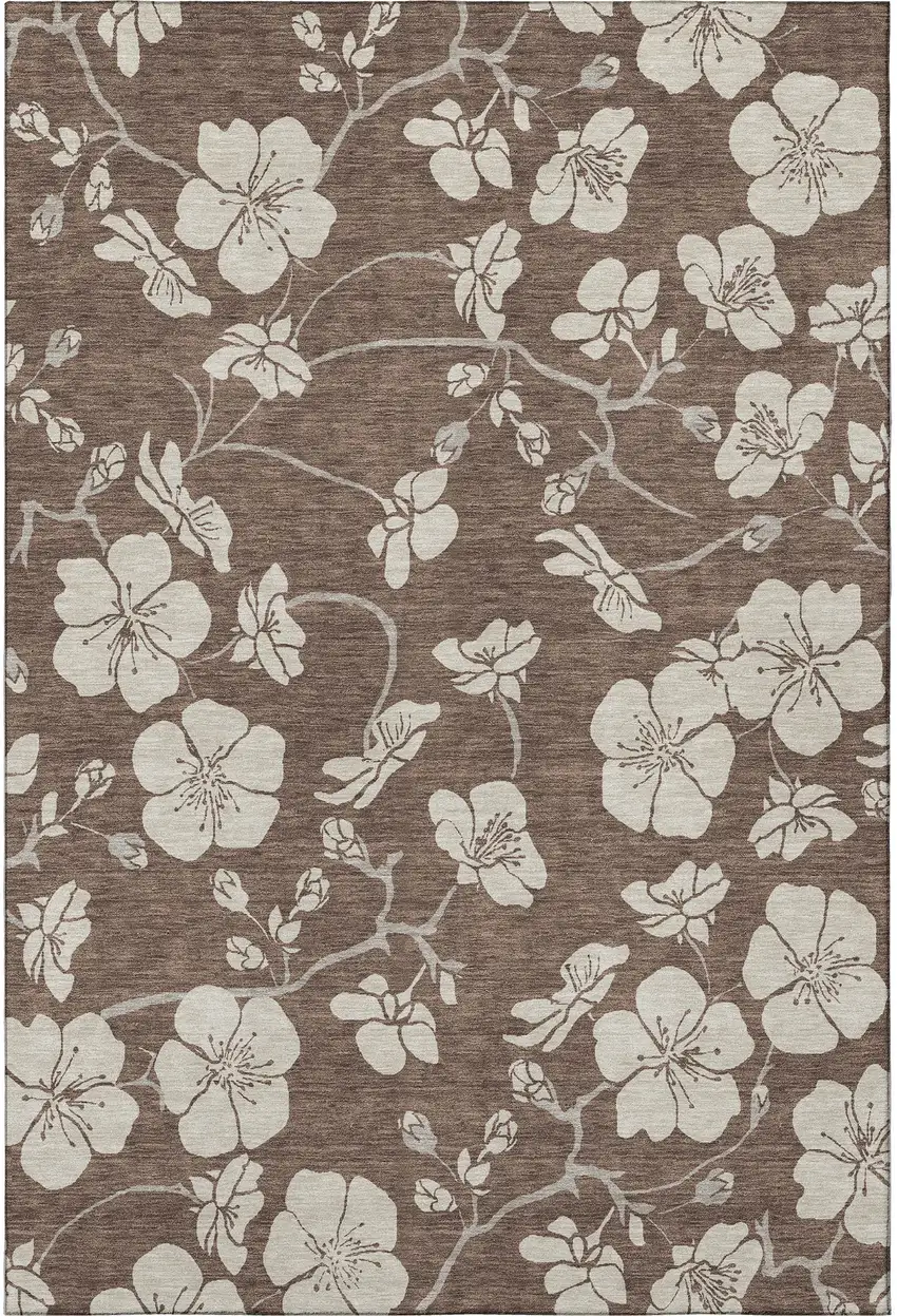 Brown And Beige Floral Washable Area Rug With UV Protection Photo 3