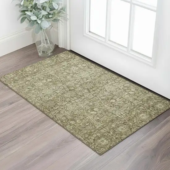 Brown And Beige Floral Washable Area Rug With UV Protection Photo 2