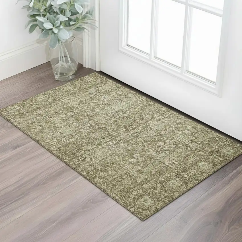 Brown And Beige Floral Washable Area Rug With UV Protection Photo 2