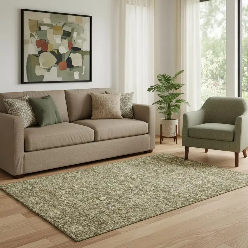 Brown And Beige Floral Washable Area Rug With UV Protection Photo 2