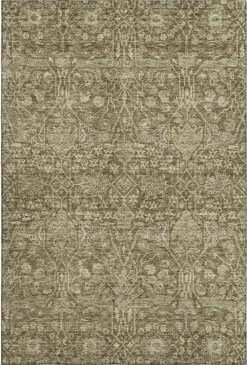 Brown And Beige Floral Washable Area Rug With UV Protection Photo 1