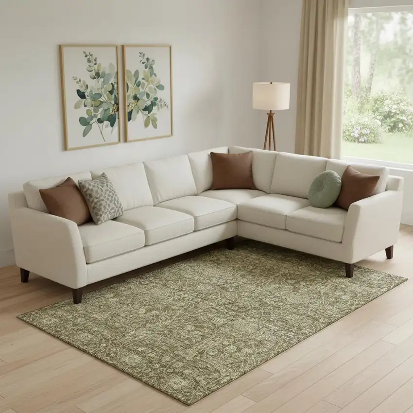 Brown And Beige Floral Washable Area Rug With UV Protection Photo 2