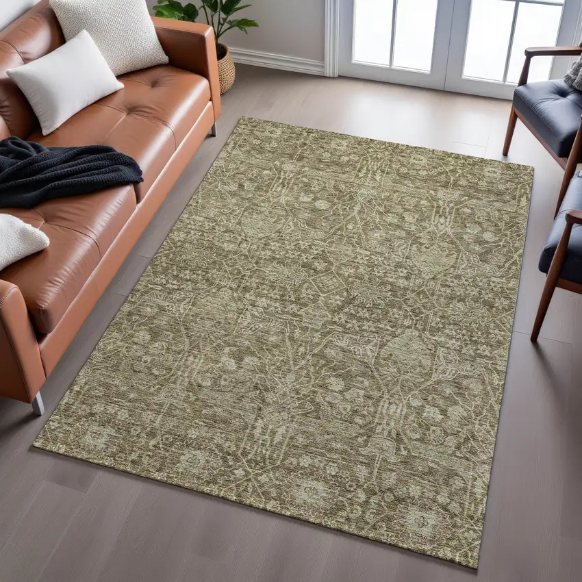 Brown And Beige Floral Washable Area Rug With UV Protection Photo 5