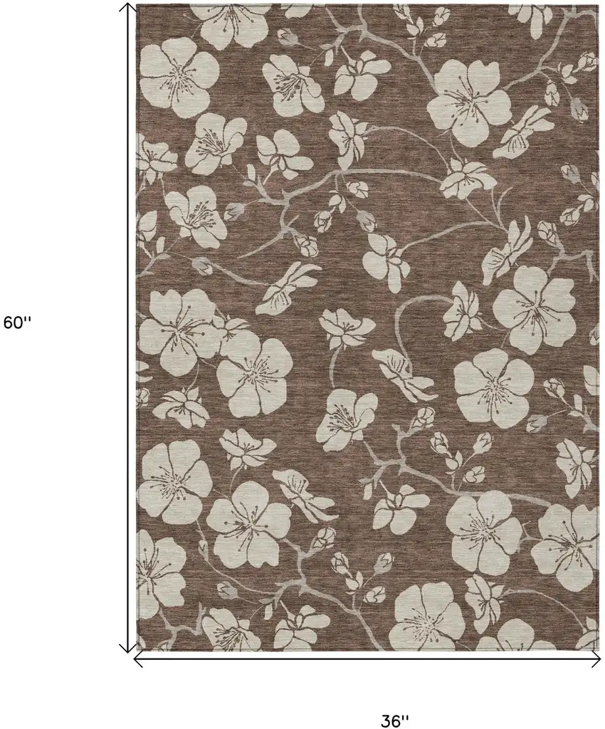 Brown And Beige Floral Washable Indoor Outdoor Area Rug Photo 3