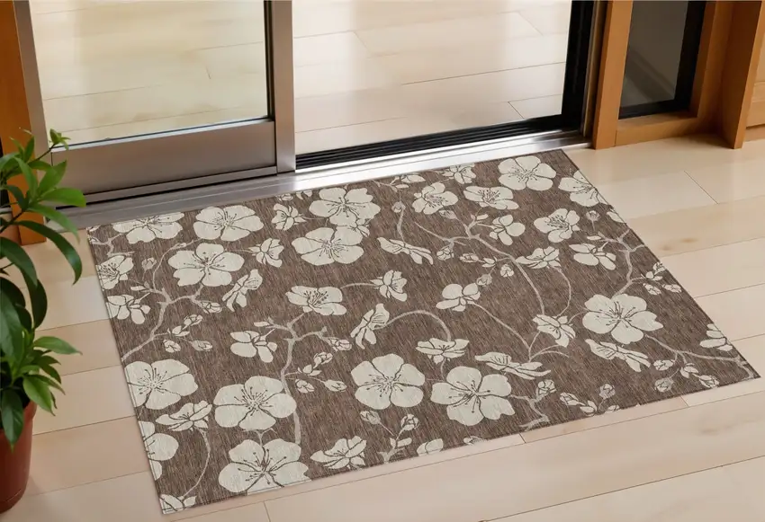 Brown And Beige Floral Washable Indoor Outdoor Area Rug Photo 1