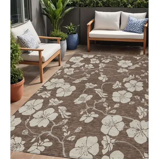 Brown And Beige Floral Washable Indoor Outdoor Area Rug Photo 1