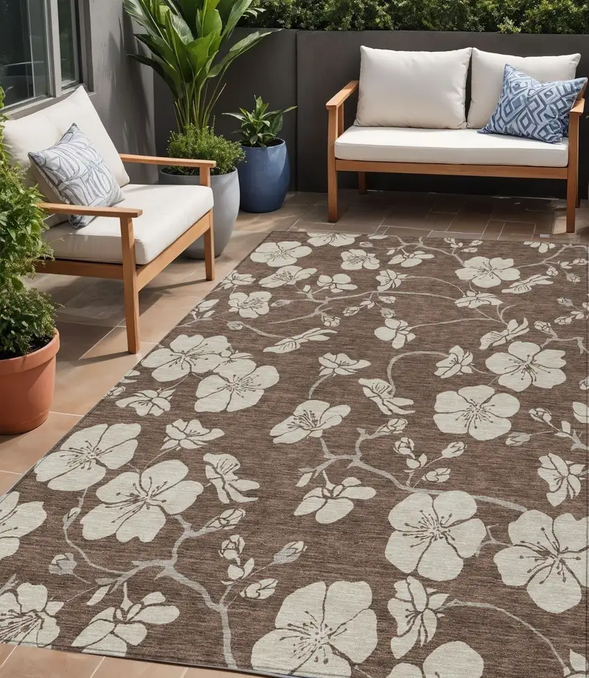 Brown And Beige Floral Washable Indoor Outdoor Area Rug Photo 1