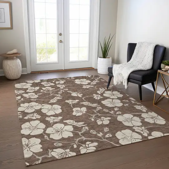 Brown And Beige Floral Washable Indoor Outdoor Area Rug Photo 9