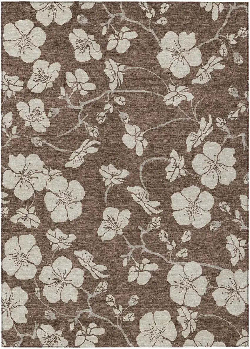 Brown And Beige Floral Washable Indoor Outdoor Area Rug Photo 2