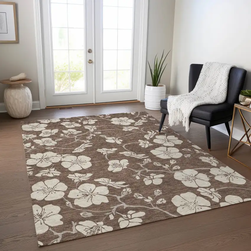 Brown And Beige Floral Washable Indoor Outdoor Area Rug Photo 9