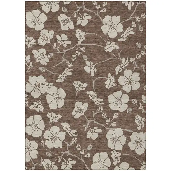 Brown And Beige Floral Washable Indoor Outdoor Area Rug Photo 2