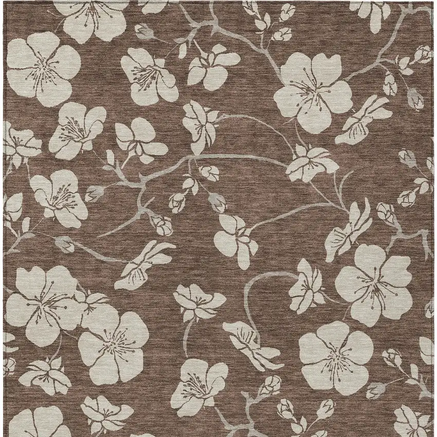 Brown And Beige Floral Washable Indoor Outdoor Area Rug Photo 8