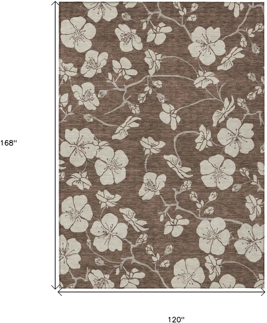 Brown And Beige Floral Washable Indoor Outdoor Area Rug Photo 3