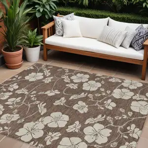 Photo of Brown And Beige Floral Washable Indoor Outdoor Area Rug