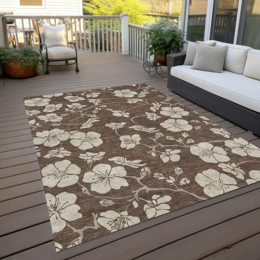 Brown And Beige Floral Washable Indoor Outdoor Area Rug Photo 9