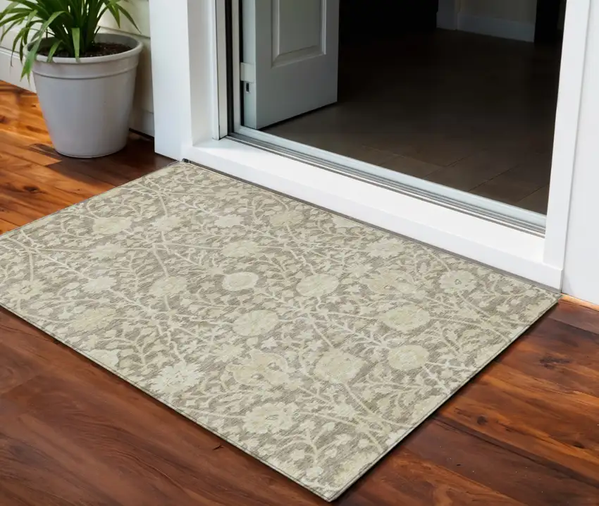 Brown And Beige Floral Washable Indoor Outdoor Area Rug Photo 1