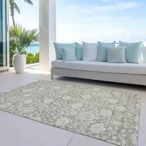 Photo of Brown And Beige Floral Washable Indoor Outdoor Area Rug
