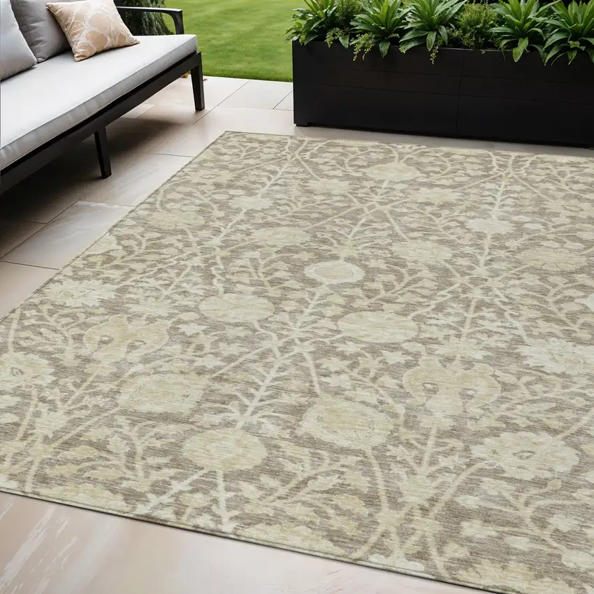 Brown And Beige Floral Washable Indoor Outdoor Area Rug Photo 1