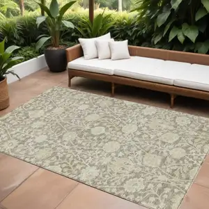 Photo of Brown And Beige Floral Washable Indoor Outdoor Area Rug