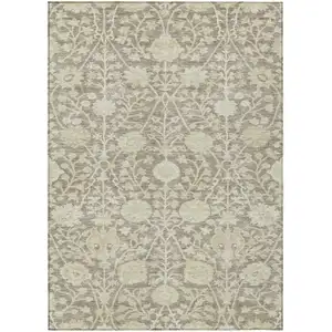 Photo of Brown And Beige Floral Washable Indoor Outdoor Area Rug