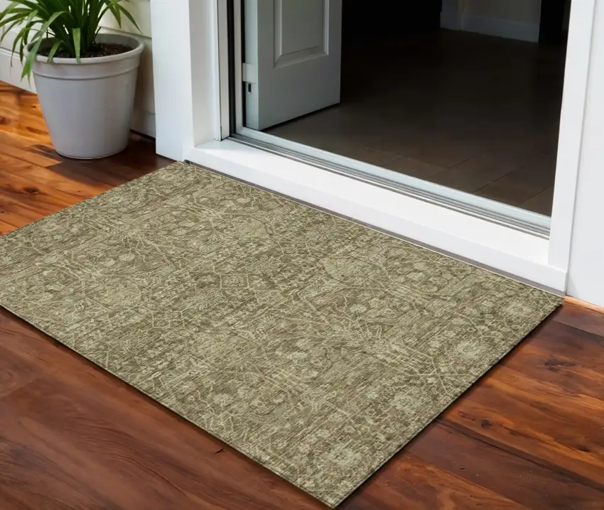 Brown And Beige Floral Washable Indoor Outdoor Area Rug Photo 1