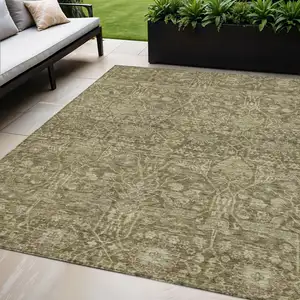 Photo of Brown And Beige Floral Washable Indoor Outdoor Area Rug