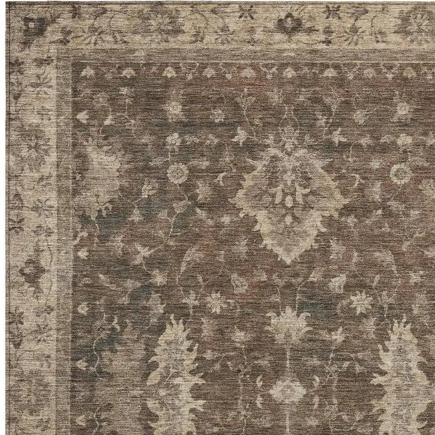Brown And Beige Floral Washable Indoor Outdoor Area Rug Photo 3