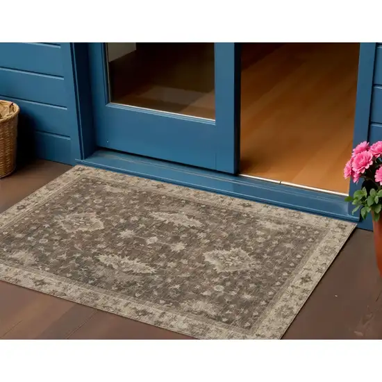 Brown And Beige Floral Washable Indoor Outdoor Area Rug Photo 2