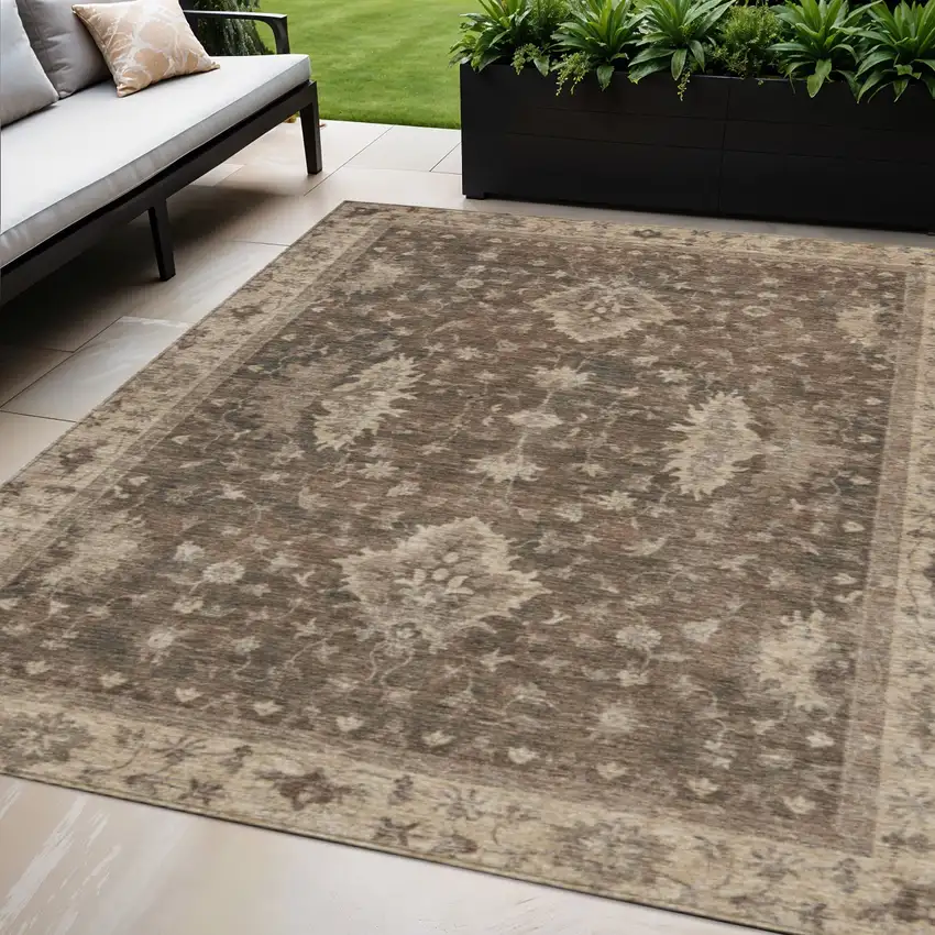 Brown And Beige Floral Washable Indoor Outdoor Area Rug Photo 2