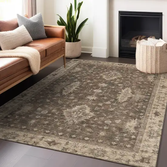 Brown And Beige Floral Washable Indoor Outdoor Area Rug Photo 6