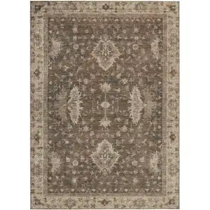 Photo of Brown And Beige Floral Washable Indoor Outdoor Area Rug