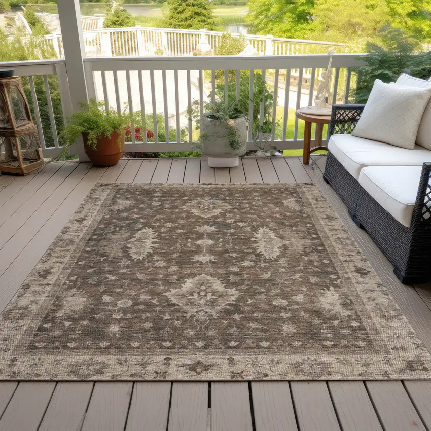 Brown And Beige Floral Washable Indoor Outdoor Area Rug Photo 8