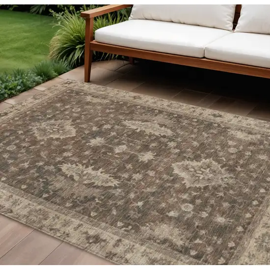 Brown And Beige Floral Washable Indoor Outdoor Area Rug Photo 2