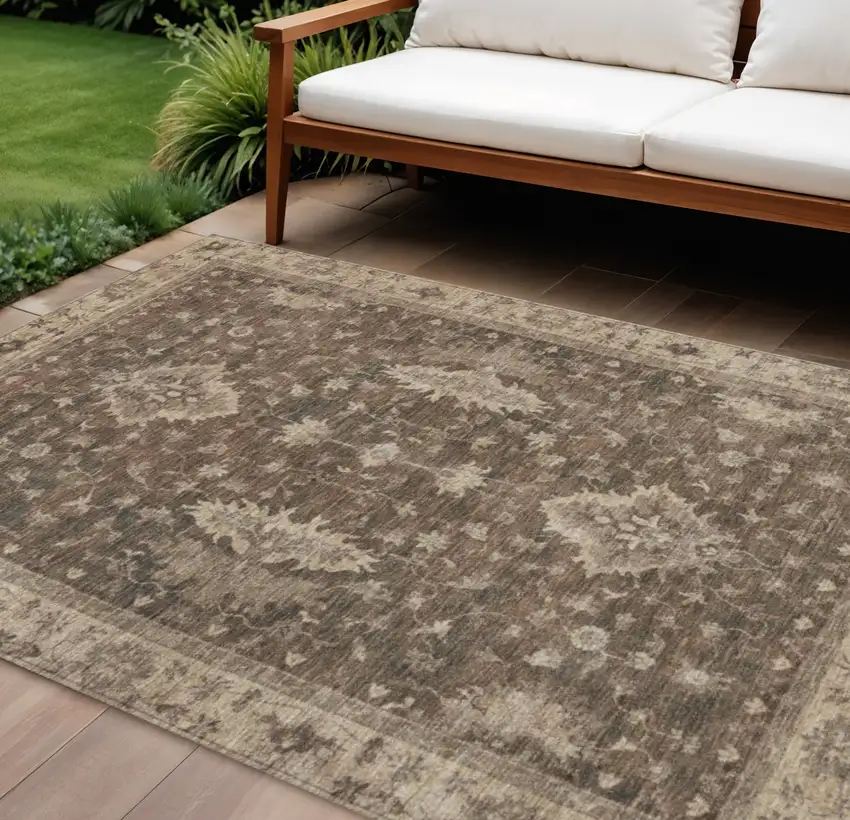 Brown And Beige Floral Washable Indoor Outdoor Area Rug Photo 2