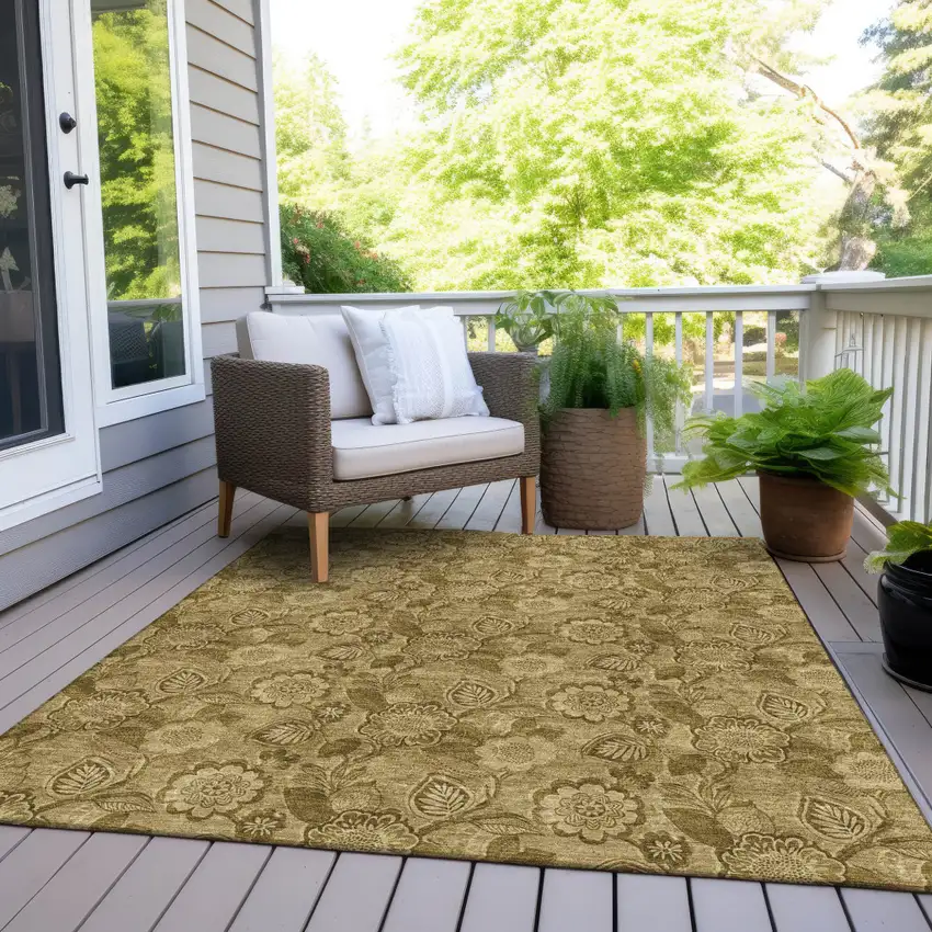 Brown And Beige Floral Washable Indoor Outdoor Area Rug Photo 8