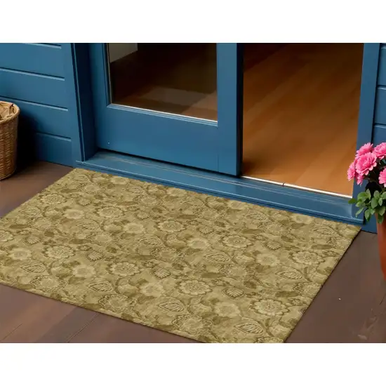 Brown And Beige Floral Washable Indoor Outdoor Area Rug Photo 2
