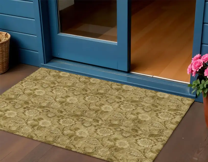 Brown And Beige Floral Washable Indoor Outdoor Area Rug Photo 2